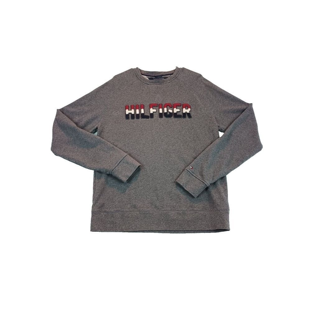 Tommy Hilfiger mens Sweatshirt L Gray Long Sleeve Pullover spell out vintage Y2K